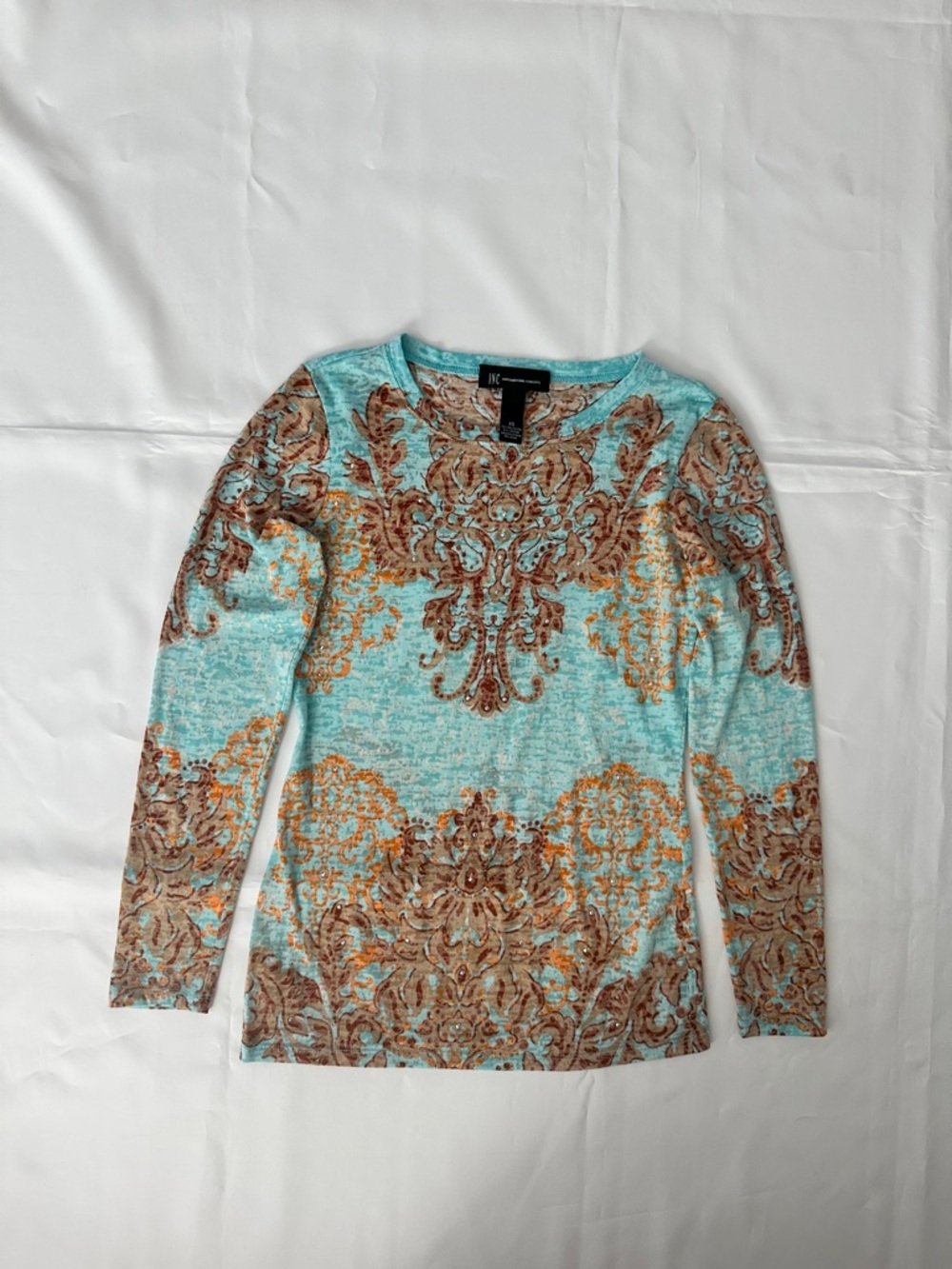 INC International Concepts Boho Print Rhinestone Long Sleeve Top Blue Brown XS